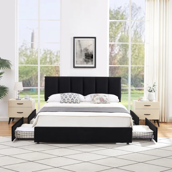 Velvet Upholstered Queen Size Platform Bed with Adjustable Headboard and 4 Storage Drawers