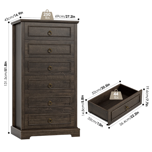 French Country-Inspired 5-Drawer Chest with Metal Ring Handles, Paneled Detailing, and Classic Crown Molding