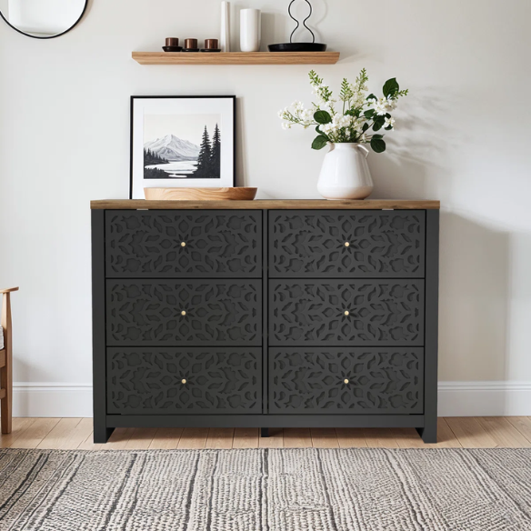 Boho-Inspired 45.4" 6-Drawer Dresser with Distressed Finish and Openwork Floral Details