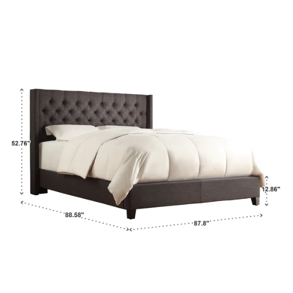 King Size Upholstered Wingback Bed with Linen Fabric, Tapered Legs, and Button Tufted Headboard