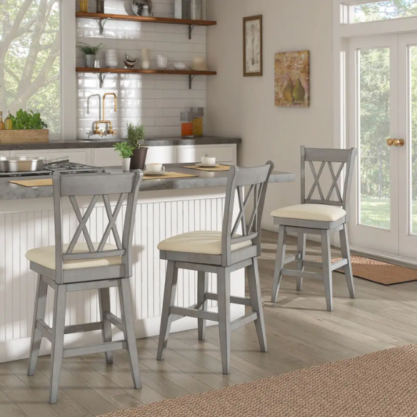 Double X Back Wood Swivel Bar Stool – Vintage Charm with Upholstered Linen Seat Cushion, Swivel Function, and Distressed Finishes for Elegant Bar or Counter Seating