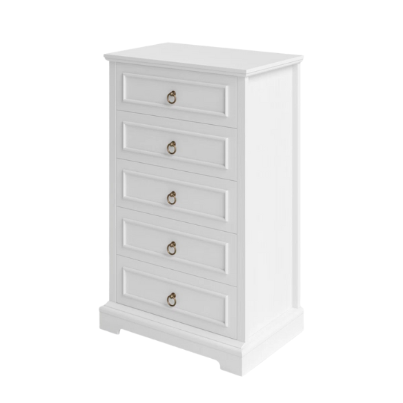 French Country-Inspired 5-Drawer Chest with Metal Ring Handles, Paneled Detailing, and Classic Crown Molding
