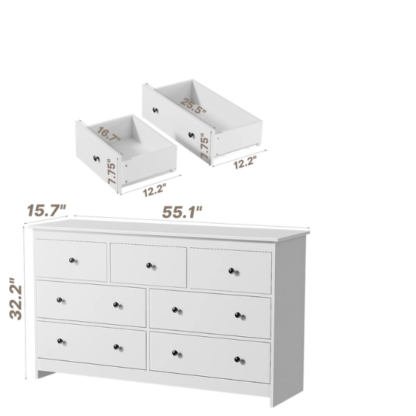 Classic & Modern 7-Drawer Dresser with Matte Wood Finish and Elegant Metal Knobs
