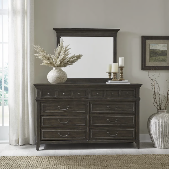 Rustic Elegance 3-Piece King Panel Bed, Dresser & Mirror Set in Saddle Brown – Crafted with Rubberwood and Split Heart White Oak Veneers, Soft-Close Drawers, Cedar Lining, Antique Pewter Hardware, and Crown Molding Details
