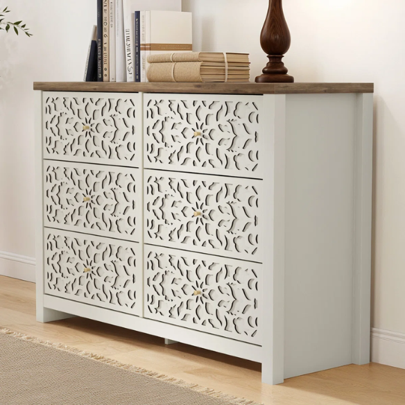 Boho-Inspired 45.4" 6-Drawer Dresser with Distressed Finish and Openwork Floral Details