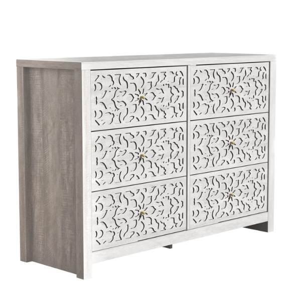 Boho-Inspired 45.4" 6-Drawer Dresser with Distressed Finish and Openwork Floral Details