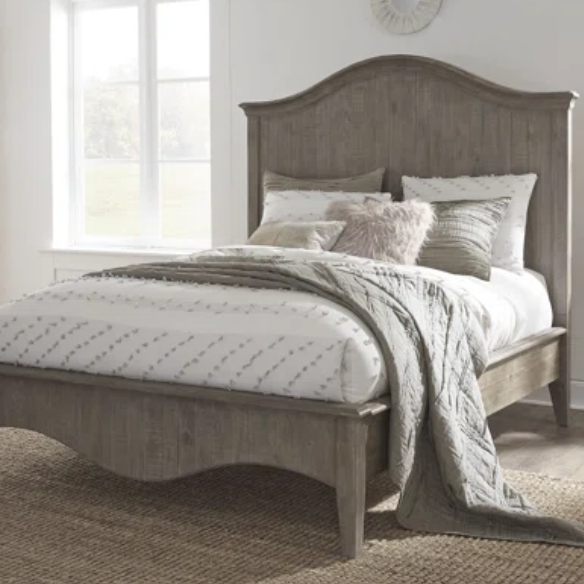 Rustic Charm Meets Chic Elegance: Solid Wood Platform King Size Bedroom Set with Scalloped Edges, Weathered White Wash Finish, Unique Grain Patterns, Angled Feet, and Oil-Rubbed Bronze Drawer Pulls