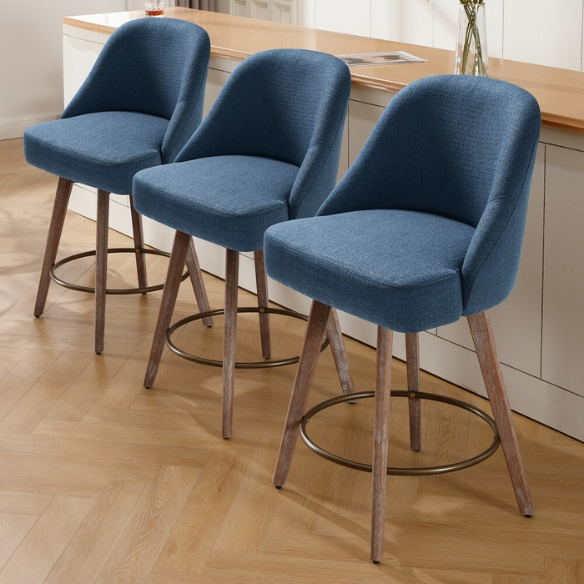 Modern Counter Height Swivel Bar Stool – Upholstered Faux Leather/Polyester Blend Seat, Solid Beech Wood Frame, Ergonomic High Back, Bronze Metal Footrest, 300lb Capacity for Kitchen, Bar, or Pub