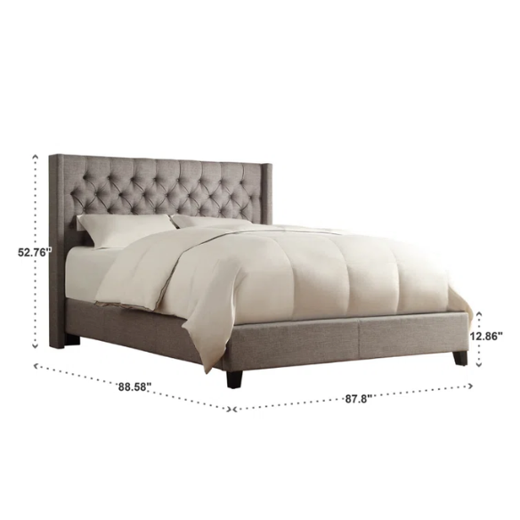 King Size Upholstered Wingback Bed with Linen Fabric, Tapered Legs, and Button Tufted Headboard