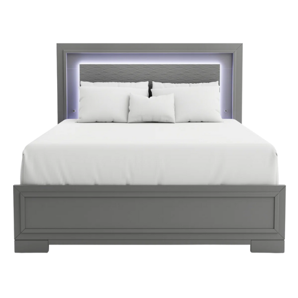 Contemporary 6-Piece Queen Bedroom Set in Solid Grey with LED-Illuminated Headboard, Textured Panels, and Eco-Friendly Rubberwood Construction