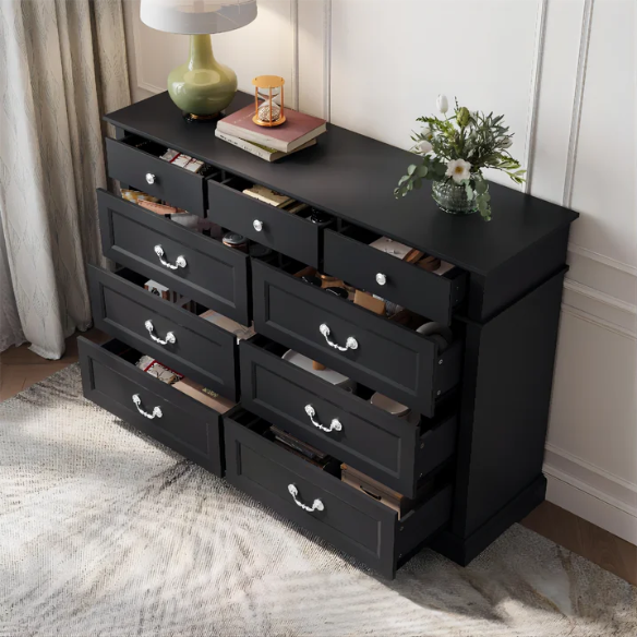 Rustic Modern 9-Drawer 53.5'' Double Dresser with Inset Paneling, Crown Molding, and Customizable Metal Handles
