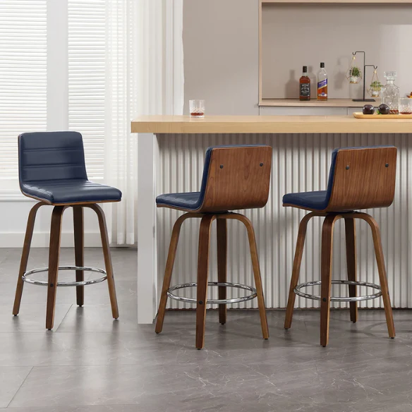 Mid-Century Modern Faux Leather Swivel Counter/Bar Stools – 360° Swivel, Padded PU Leather Seat & Back, Durable Bentwood Legs, Metal Footrest, Supports Up to 440lbs for Home Bar or Kitchen