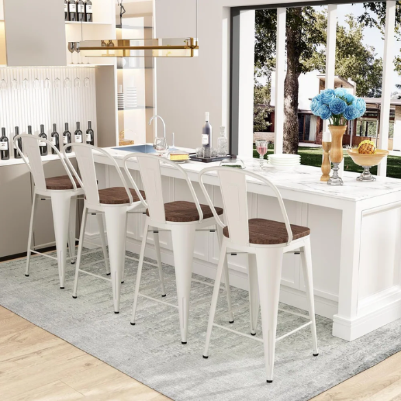 Set of 4 Farmhouse Counter Height Bar Stools – Rustic Industrial Style with Removable Backrest, Heavy-Duty Steel Frame, and Scratch-Resistant Finish
