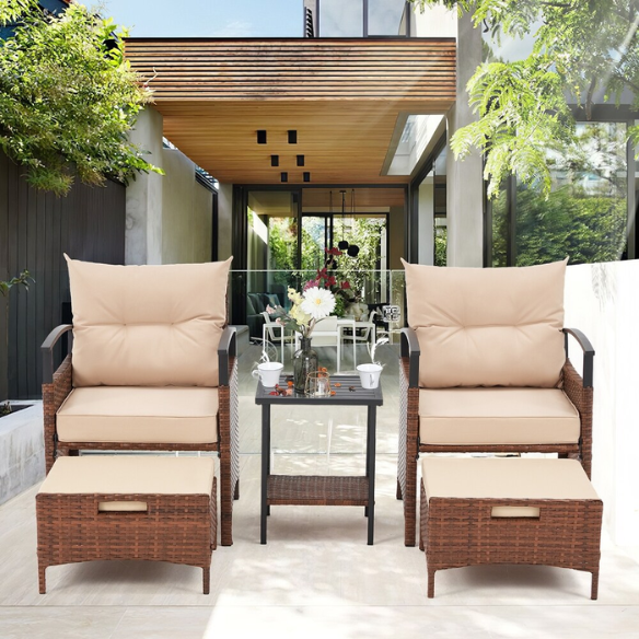 Patio Furniture Set | Outdoor Rattan Chairs with Tempered Glass Coffee Table, Ottomans, and Soft Cushions | Stylish Wicker Conversation Set
