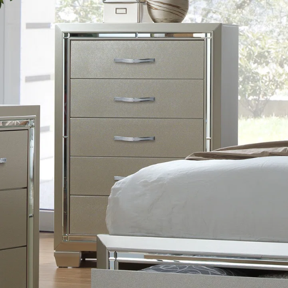 Elegant Glamour: 5-Piece Bedroom Set with Lustrous Platinum Dresser, Crystal and Chrome Handles – A Stunning, Star-Quality Collection to Elevate Your Bedroom Décor