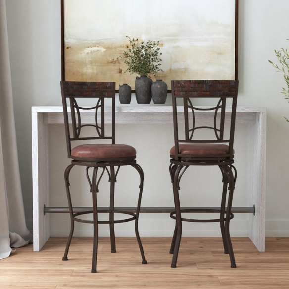 Metal Swivel Stool – Dark Chestnut Finish with Distressed Wood Rail, Geometric Back Design, Antique Brown Faux Leather Seat, 360° Swivel, Counter & Bar Height Options