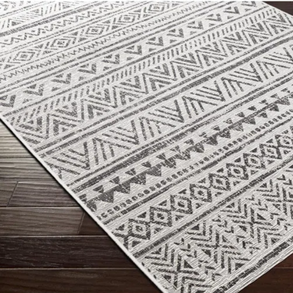 Striped Geometric Area Rug – Charcoal & Off-White, Durable Polypropylene, Low-Pile Design for High-Traffic Indoor/Outdoor Spaces