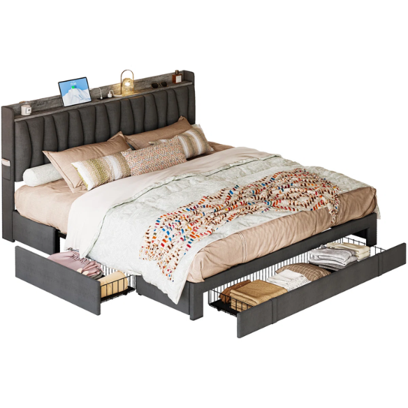 Modern Upholstered King Size Bed Frame with 3 Storage Drawers, Soft Foam Headboard, and Built-in Charging Station