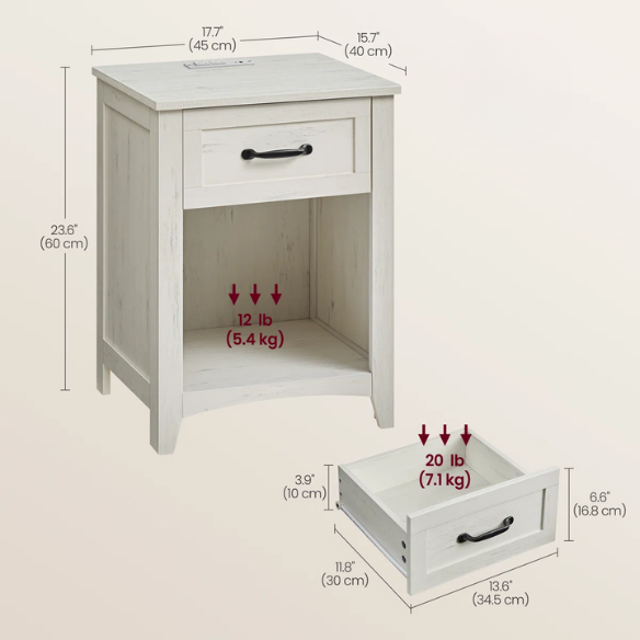Farmhouse-Style Nightstand with Built-In Charging Station – Engineered Wood, Spacious Top, Drawer & Open Compartment, Matte Black Metal Handle, USB-A & USB-C Ports, AC Outlets, Ideal for Bedroom or Living Room