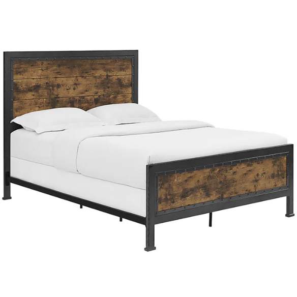 Rustic Industrial Queen Size Bed with Wood-Look Center – Sturdy and Stylish Design