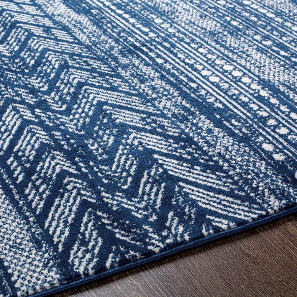 Southwestern-Inspired Geometric Rug – Navy Blue Diamond, Chevron & Dot Patterns on Off-White, Stain-Resistant, Perfect for High-Traffic Areas