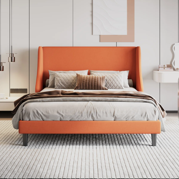 Modern Queen Size Upholstered Platform Bed with Deluxe Wingback and Linen Blend Fabric