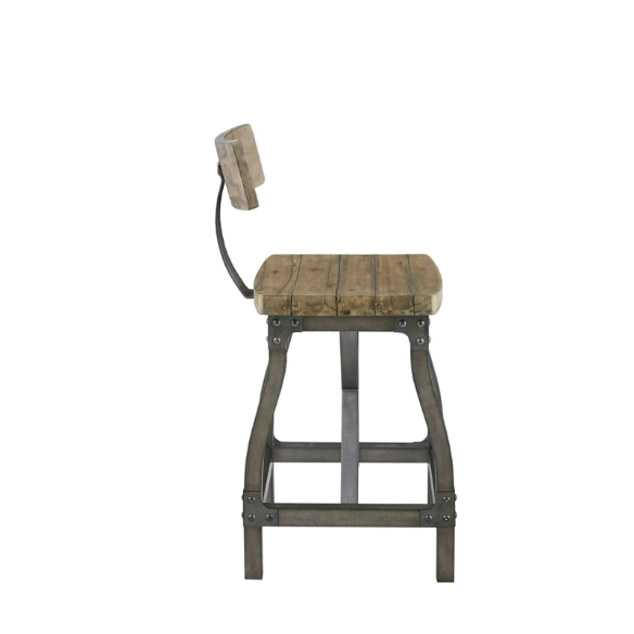 Retro Counter Stool with Back – Vintage Industrial Design, Solid Wood Seat, Antique Silver Metal Finish, and Removable Backrest for Versatile Seating