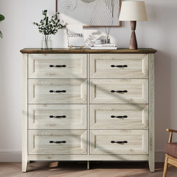 French Country-Inspired 8-Drawer 47.3" Double Dresser with Rustic Finish, Crown Molding, and Tapered Legs