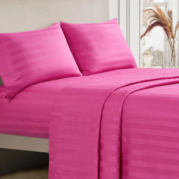 4-Piece Luxury Bed Sheet Set – Fitted & Flat Sheets with Pillowcases | Solid Stripe Bedding for Twin, Full, Queen, King Sizes