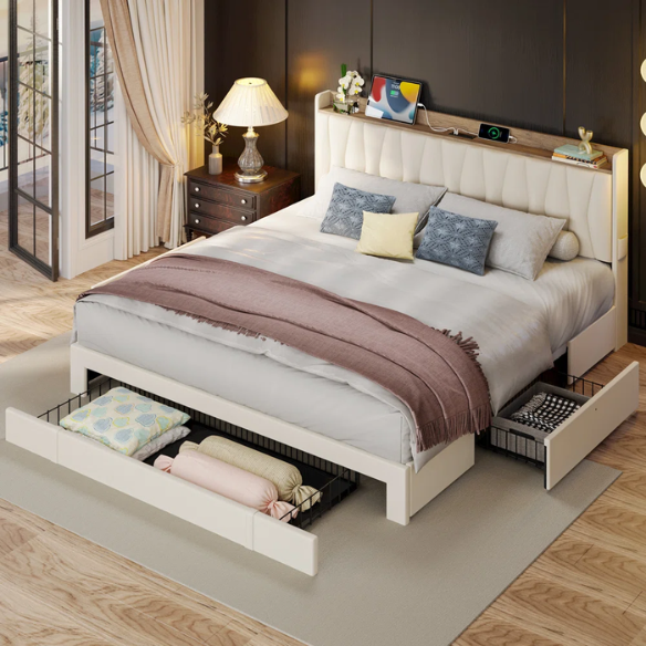 Modern Upholstered King Size Bed Frame with 3 Storage Drawers, Soft Foam Headboard, and Built-in Charging Station
