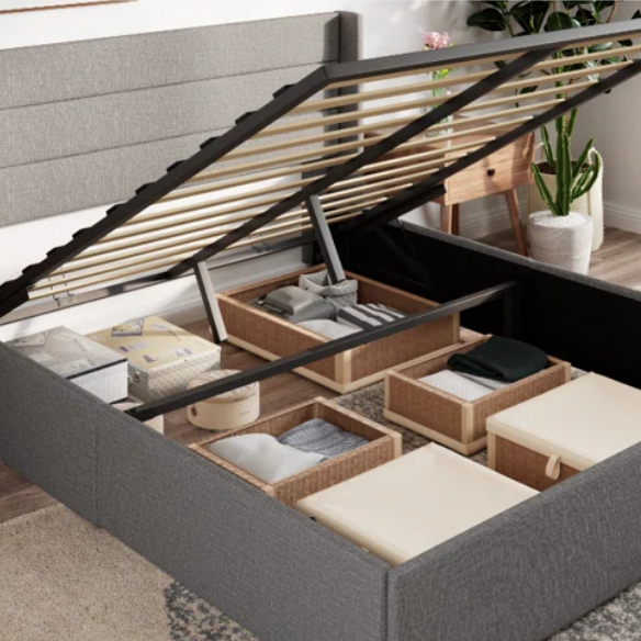 Modern King Size Upholstered Platform Bed with Hydraulic Lift Storage – Sleek Grooved Headboard, Space-Saving Design, and No Box Spring Needed