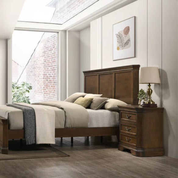 Traditional Wood Panel Bedroom Set with Dresser, Mirror, Nightstand, and Chest in Antique Walnut Finish