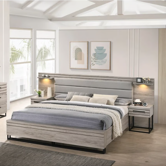 Upholstered 5-Piece Bedroom Set with Weathered Gray Finish, LED Piers, and Functional Storage