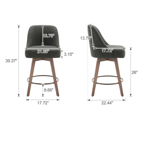 Modern Counter Height Swivel Bar Stool – Upholstered Faux Leather/Polyester Blend Seat, Solid Beech Wood Frame, Ergonomic High Back, Bronze Metal Footrest, 300lb Capacity for Kitchen, Bar, or Pub