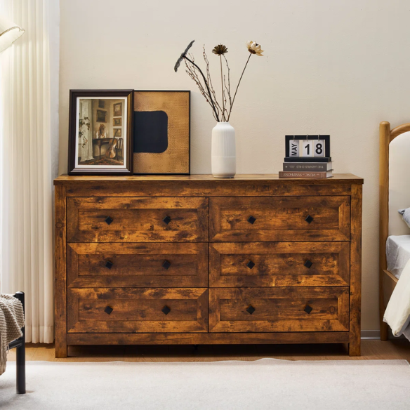 6-Drawer Dresser – A Perfect Blend of Rustic Charm and Industrial Elegance, Featuring a Clean-Lined Silhouette and Weathered Finish. Crafted from Solid and Engineered Wood