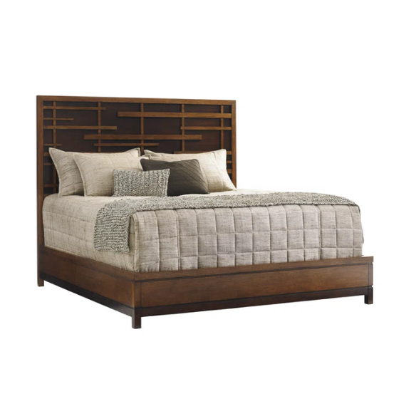 Solid Wood Standard Configurable Bedroom Set – Elegant Pan-Asian Fretwork Headboard with Dark Walnut Accents, Contrasting Back Panel, and Stylish Side Rails and Feet – Timeless Design for a Sophisticated Bedroom