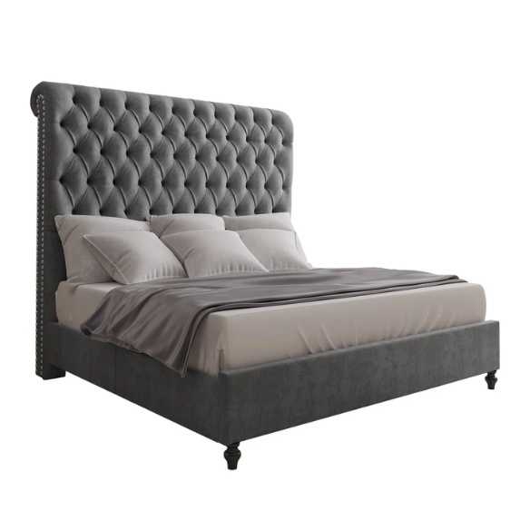 Luxurious Velvet Upholstered Sleigh Bed with Tufted Button and Gem-Accented Headboard