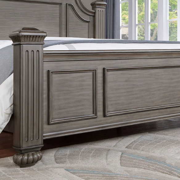 Elegant Traditional 5-Piece Grey Wood Poster Bedroom Set with Fluted Columns, Carved Floral Accents, and Bell-Shaped Headboard