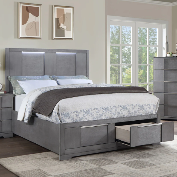 Modern 5-Piece Grey Wood Storage Platform Bedroom Set with LED Headboard Lights and Dovetail Drawers