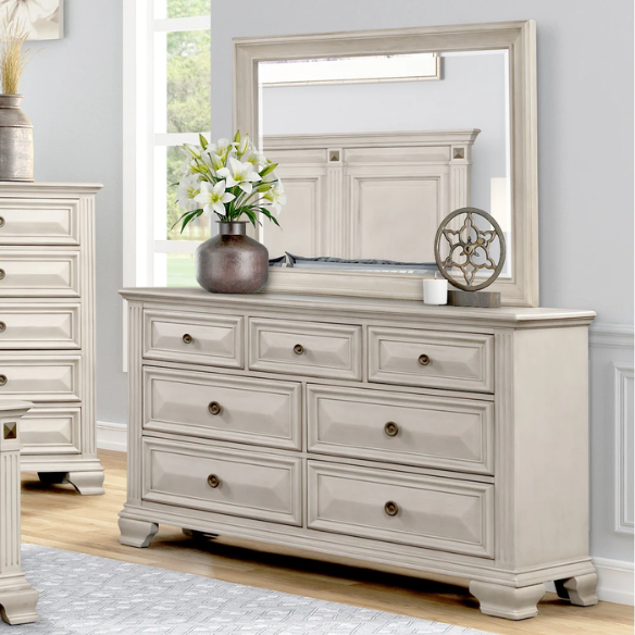 Distressed Parchment Wood Bedroom Set with Panel Bed, Dresser, Mirror, and Nightstand, Featuring Silver Accents and Fluted Pilasters