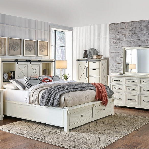 Solid Wood 5-Piece Storage Bedroom Collection – Rustic Elegance with Ample Storage, New Zealand Pine Construction, and Distressed White & Graphite Finish