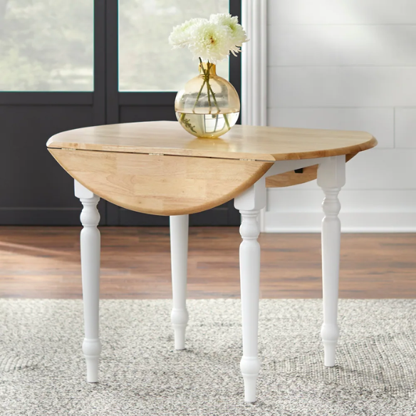 5-Piece Dining Set – Two-Tone Round Table with Drop Leaves & Cross-Back Chairs