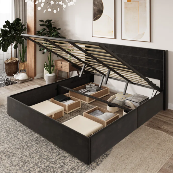 Modern King Size Upholstered Platform Bed with Hydraulic Lift Storage – Sleek Grooved Headboard, Space-Saving Design, and No Box Spring Needed