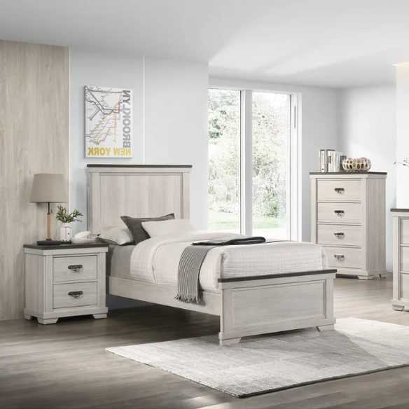 Luxurious Rustic Solid Wood 5-Piece Twin Bedroom Set: Cream & Brown Panel Bed, Dresser, Mirror, Nightstand, and Chest
