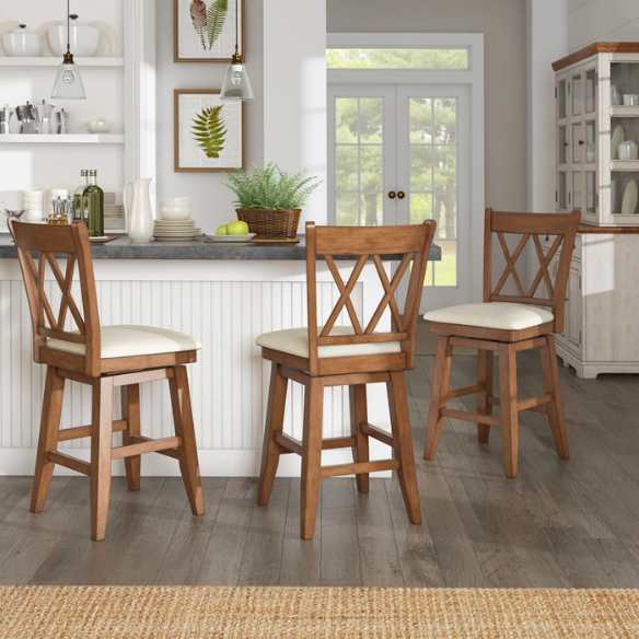Double X Back Wood Swivel Bar Stool – Vintage Charm with Upholstered Linen Seat Cushion, Swivel Function, and Distressed Finishes for Elegant Bar or Counter Seating