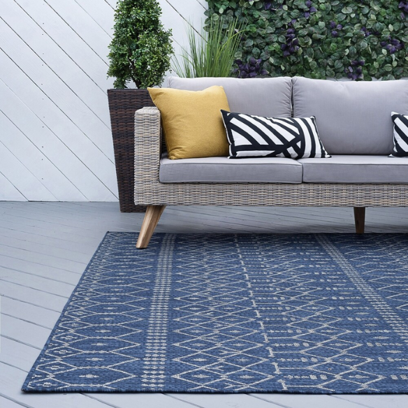 Boho-Inspired Navy & Grey Geometric Rug – Fade & Stain-Resistant, Low-Pile, Perfect for High-Traffic Indoor/Outdoor Spaces