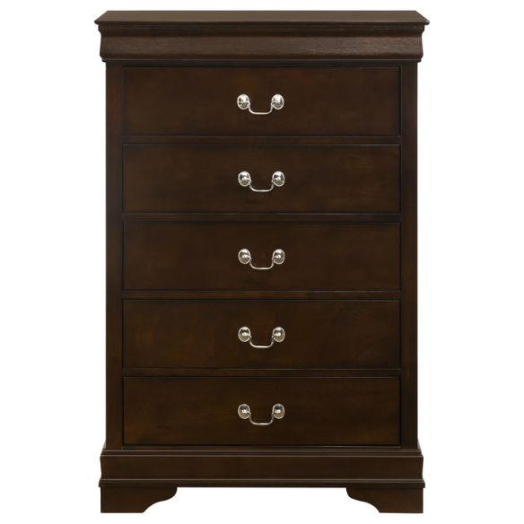 5-Piece Bedroom Set – Traditional Style with Flared Headboard, Dovetail Construction, Silver Bail Handles, and Spacious Storage – Crafted from Select Hardwoods and Veneers in a Warm Cappuccino Finish – Includes Bed, Nightstand, Dresser, Chest, and Mirror
