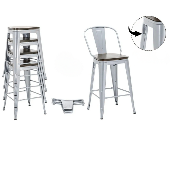 Set of 4 Farmhouse Counter Height Bar Stools – Rustic Industrial Style with Removable Backrest, Heavy-Duty Steel Frame, and Scratch-Resistant Finish