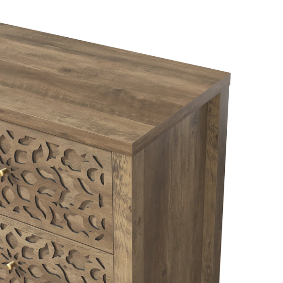 Boho-Inspired 45.4" 6-Drawer Dresser with Distressed Finish and Openwork Floral Details