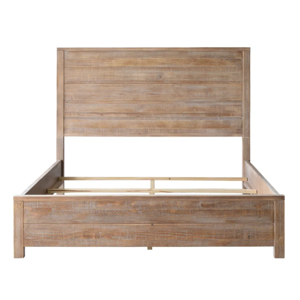 Rustic Solid Pine Wood King Size Panel Bed with Distressed Finish and Streamlined Headboard
